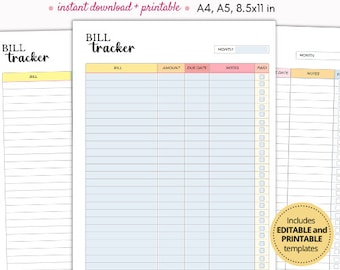 Editable bill tracker, Monthly bill tracker, Bill organizer with monthly tracking, Bill printable, Bill payment log, Editable bill template