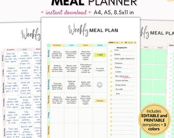 Weekly meal planner editable, meal plan template, digital meal planner, digital food journal, menu planner, meal plan printable and editable