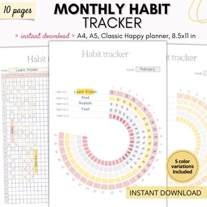 May include: Printable monthly habit tracker with a circular design. The tracker has five sections for different habits, with a grid for each day of the month. The habits listed are Learn French, Read, Meditate, and Paint. The tracker is available in five color variations.