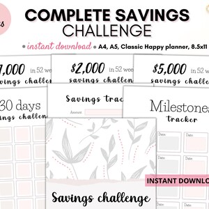 Complete savings challenge, savings challenge printable, money challenge, 20k savings challenge, 52week savings challenge, savings tracker
