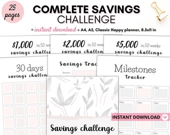 Complete savings challenge, savings challenge printable, money challenge, 20k savings challenge, 52week savings challenge, savings tracker
