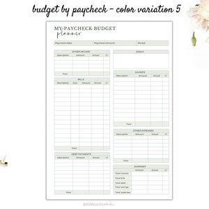 May include: A printable budget planner with a green and white colour scheme. The planner is titled "My Paycheck Budget Planner" and includes sections for other income, bills, debt payments, savings, other expenses, and a summary.