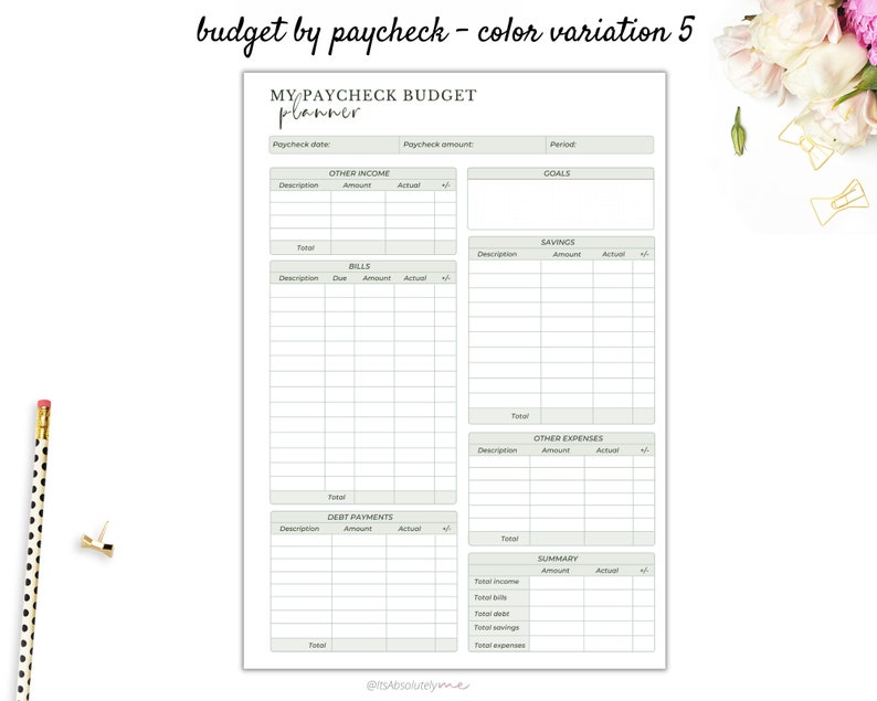 May include: A printable budget planner with a green and white colour scheme. The planner is titled "My Paycheck Budget Planner" and includes sections for other income, bills, debt payments, savings, other expenses, and a summary.
