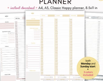 May include: A weekly hourly planner with 12 pages, available in A4, A5, and 8.5x11 inch sizes. The planner has a beige and white color scheme with gold accents. The planner includes both Monday and Sunday start options and comes in three colors. The text "INSTANT DOWNLOAD" is at the bottom of the image.