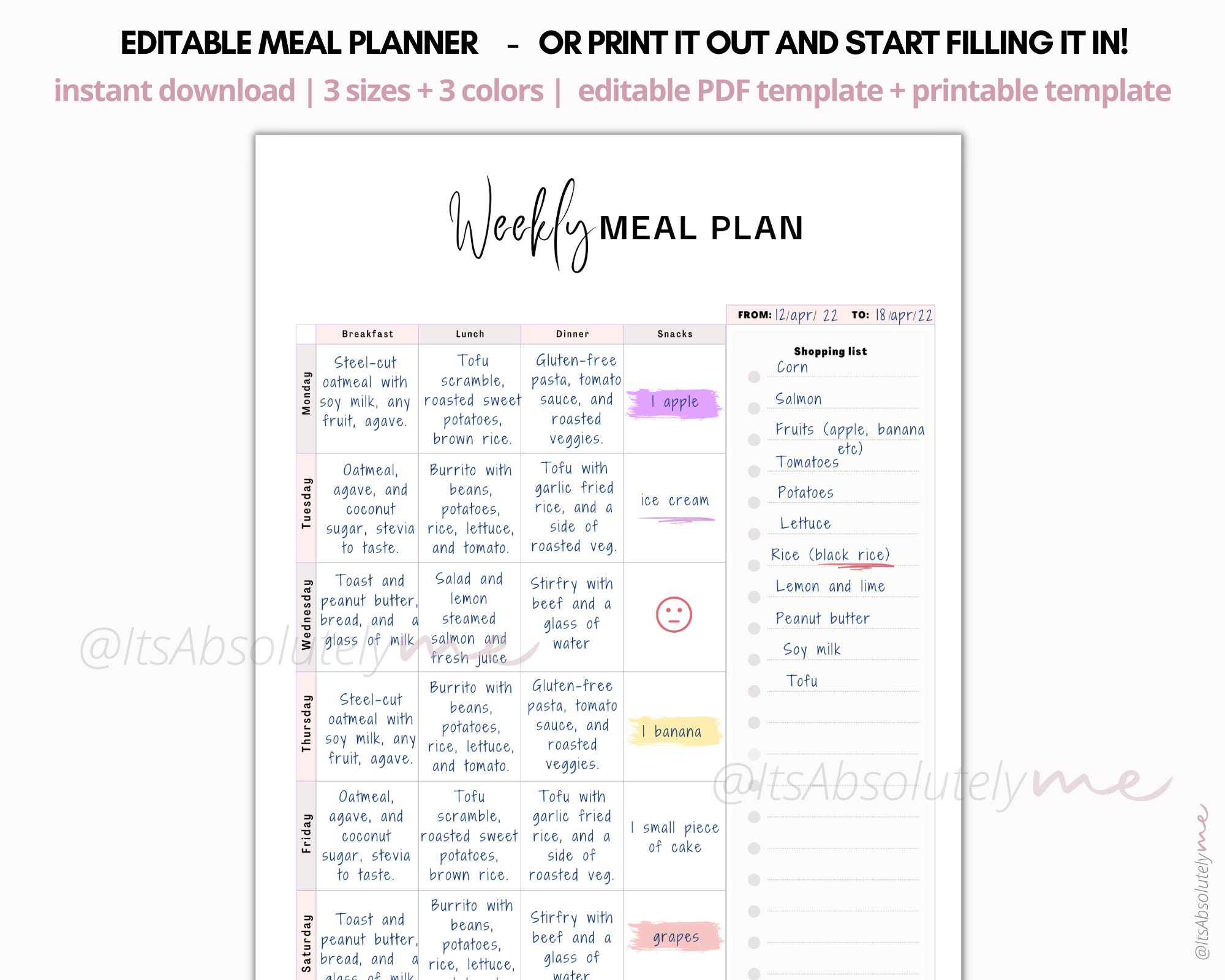 Weekly Meal Planner Editable, Meal Plan Template, Digital Meal Planner ...