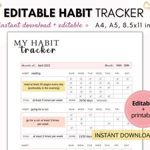 Editable habit tracker, habit tracker printable and fillable, 30 day habit tracker, monthly habit tracker, A4, US letter & A5 habit tracker