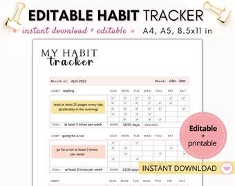 Editable habit tracker, habit tracker printable and fillable, 30 day habit tracker, monthly habit tracker, A4, US letter & A5 habit tracker