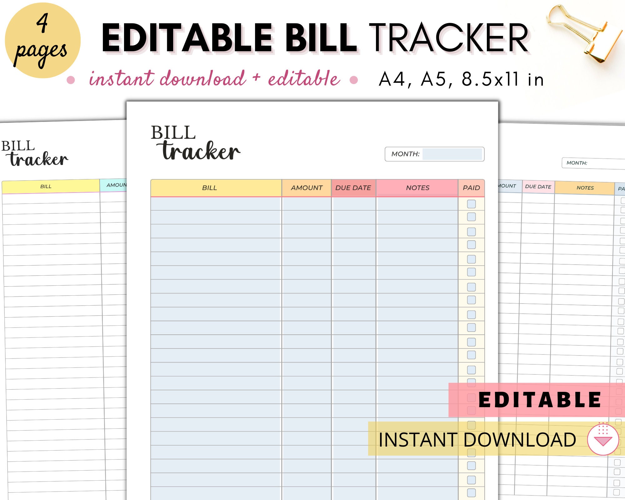 Editable Bill Tracker, Monthly Bill Tracker, Bill Organizer With ...