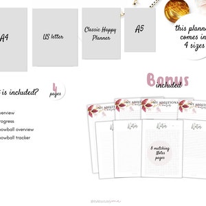 May include: A printable debt snowball planner with four pages, including a debt overview, debt progress, debt snowball overview, and debt snowball tracker. The planner is available in four sizes: A4, US Letter, A5, and Classic Happy Planner. The planner also includes eight matching notes pages with a floral design.