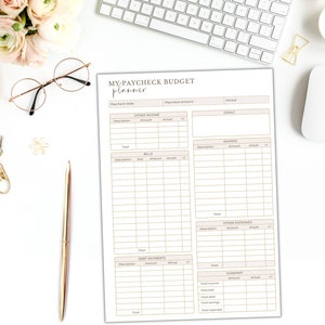 May include: A printable budget planner worksheet with sections for income, bills, savings, other expenses, and a summary. The worksheet is designed to help people track their finances and create a budget.