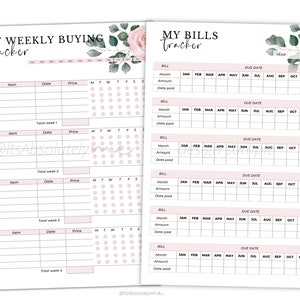 May include: Printable planner pages with floral designs. The pages are for tracking weekly buying and bills. The pages include sections for item, date, price, month, amount, and due date.