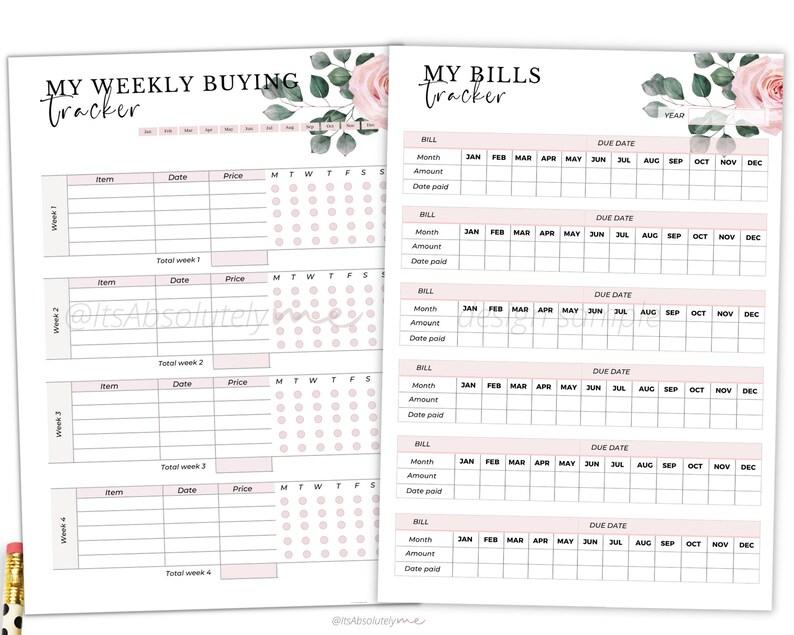 May include: Printable planner pages with floral designs. The pages are for tracking weekly buying and bills. The pages include sections for item, date, price, month, amount, and due date.
