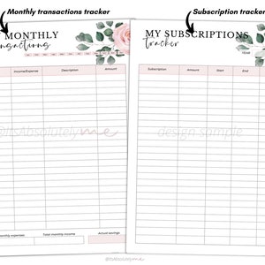May include: Printable monthly budget tracker with floral design. The left side is for tracking monthly transactions with columns for date, income/expense, description, and amount. The right side is for tracking subscriptions with columns for subscription, amount, start date, end date, and length.