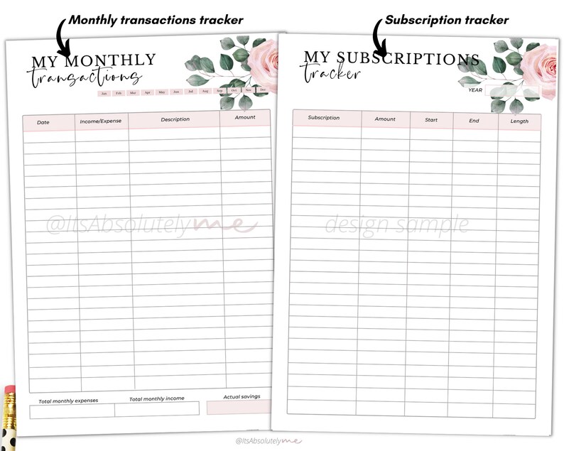 May include: Printable monthly budget tracker with floral design. The left side is for tracking monthly transactions with columns for date, income/expense, description, and amount. The right side is for tracking subscriptions with columns for subscription, amount, start date, end date, and length.