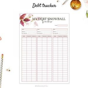 May include: A printable debt snowball tracker with a floral design in shades of pink and gold. The tracker has three columns for listing debts, with space to record the date, payment amount, and remaining balance.