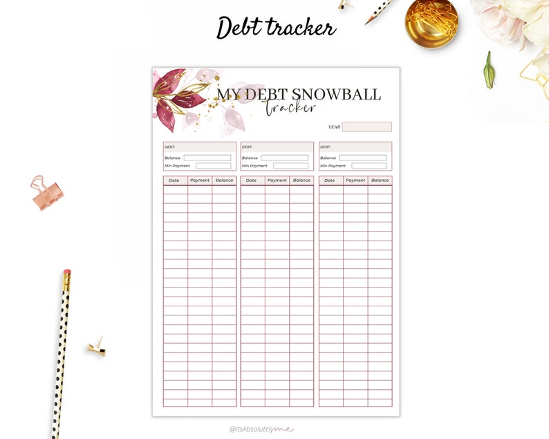 May include: A printable debt snowball tracker with a floral design in shades of pink and gold. The tracker has three columns for listing debts, with space to record the date, payment amount, and remaining balance.