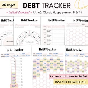 May include: Printable debt tracker pages in a pink and white colour scheme. The pages feature different layouts for tracking debt, including a pie chart, a thermometer, and a honeycomb grid. The text "DEBT TRACKER" is at the top of the page. The text "30 pages" and "instant download" are also included.