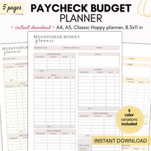 May include: A printable budget planner titled "My Paycheck Budget Planner". The planner features sections for income, bills, savings, other expenses, and debt payments. It is available in five colour variations and is an instant download.