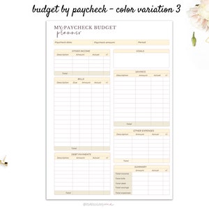 May include: A printable budget planner with a beige background and black text. The planner is titled "My Paycheck Budget Planner" and includes sections for income, bills, savings, debt payments, other expenses, and a summary.