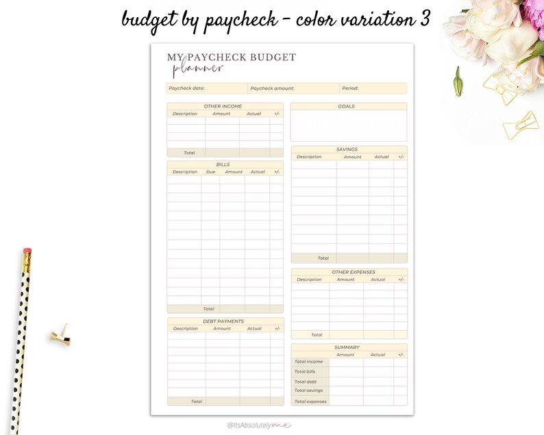 May include: A printable budget planner with a beige background and black text. The planner is titled "My Paycheck Budget Planner" and includes sections for income, bills, savings, debt payments, other expenses, and a summary.