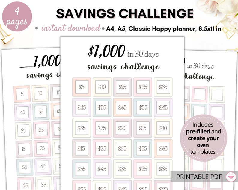 1,000 Savings Challenge, Savings Tracker, 1,000 Monthly Savings