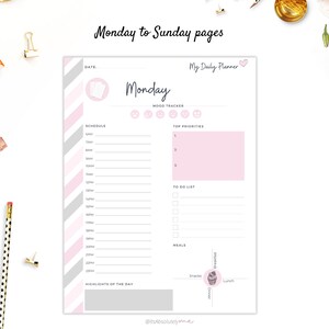May include: A printable daily planner page with a pink and gray striped background. The page is titled "Monday" and includes sections for scheduling, mood tracking, top priorities, to-do list, meals, and highlights of the day.