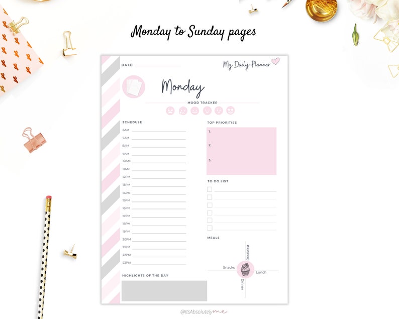 May include: A printable daily planner page with a pink and gray striped background. The page is titled "Monday" and includes sections for scheduling, mood tracking, top priorities, to-do list, meals, and highlights of the day.