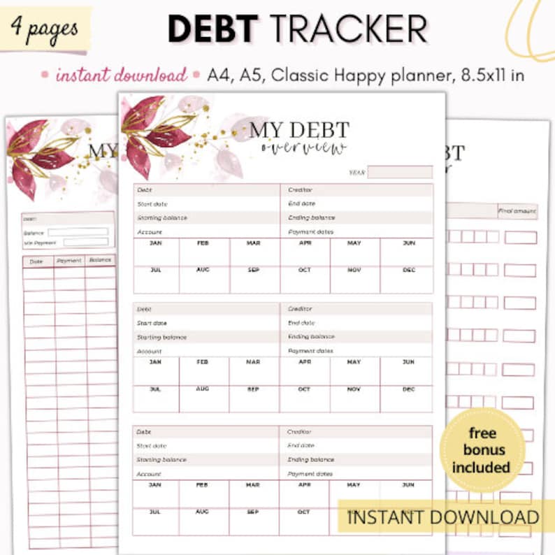 May include: Printable debt tracker with a floral design in shades of pink and gold. The tracker includes sections for debt overview, start date, ending balance, payment dates, and a monthly breakdown. The text "MY DEBT overview" is at the top of the page. The text "INSTANT DOWNLOAD" is at the bottom of the page.