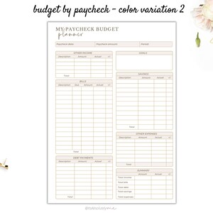 May include: A printable budget planner with a beige background and gold lines. The planner is titled "My Paycheck Budget Planner" and includes sections for other income, bills, debt payments, savings, other expenses, and a summary.