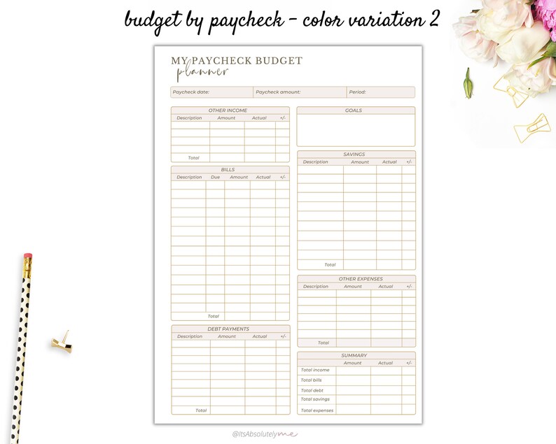 May include: A printable budget planner with a beige background and gold lines. The planner is titled "My Paycheck Budget Planner" and includes sections for other income, bills, debt payments, savings, other expenses, and a summary.