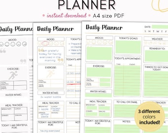 Puede incluir: Planificador diario editable imprimible en formato PDF A4. El planificador incluye secciones para el estado de ánimo, el ejercicio, la ingesta de agua, el seguimiento de las comidas, hoy estoy agradecido por, para llamar o enviar un correo electrónico, notas y los objetivos de hoy, las citas y las cosas que hay que hacer hoy. El planificador está disponible en tres colores diferentes.