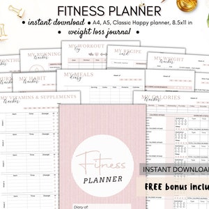 Weight loss journal, Fitness planner printable, Fitness journal with meals and calories tracker, daily, weekly, monthly, Instant download