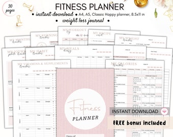 Weight loss journal, Fitness planner printable, Fitness journal with meals and calories tracker, daily, weekly, monthly, Instant download