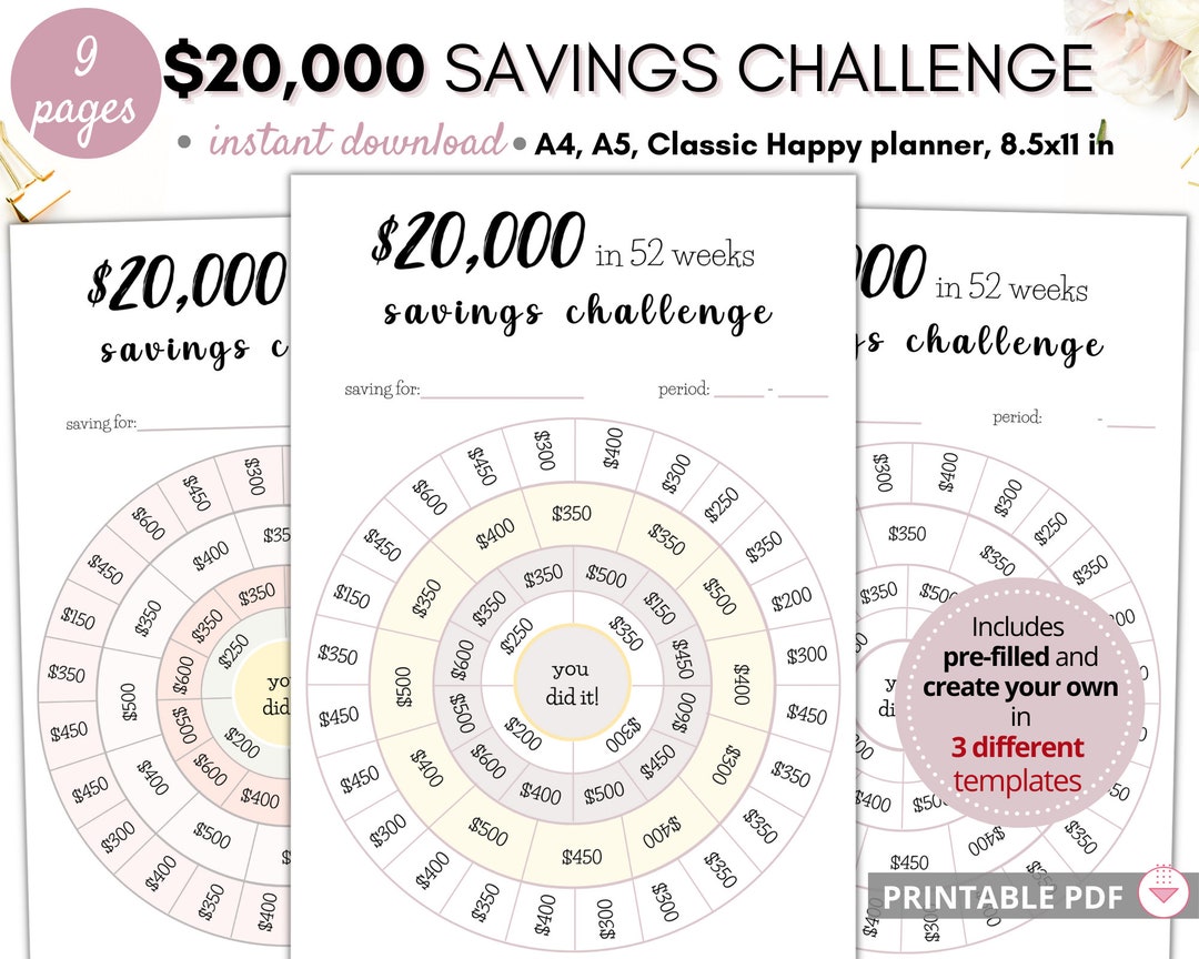 20K Savings Challenge, Savings Tracker, 20,000 Monthly Savings ...