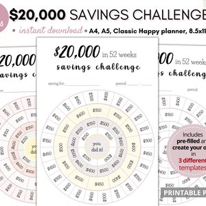 20K Savings challenge, savings tracker, 20,000 monthly savings challenge, 20K in 52 weeks challenge, money challenge, saving printable