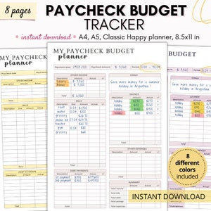 May include: Printable budget tracker with a pink and yellow color scheme. The tracker is designed to help you track your income, expenses, and savings. It includes sections for other income, bills, debt payments, and savings. The tracker also includes a section for goals, where you can set your financial goals. The tracker is available in 8 different colors.