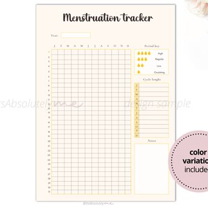 May include: A printable menstruation tracker with a grid for tracking your cycle each month. The tracker includes a section for noting cycle length and a key for marking the flow level. The text "color variation included!" is in a pink circle at the bottom right corner.