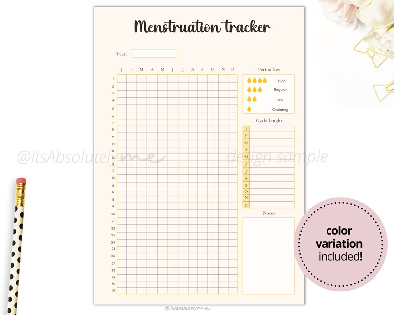 May include: A printable menstruation tracker with a grid for tracking your cycle each month. The tracker includes a section for noting cycle length and a key for marking the flow level. The text "color variation included!" is in a pink circle at the bottom right corner.