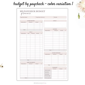 May include: A printable budget planner with a pink and white colour scheme. The planner is divided into sections for income, bills, debt payments, savings, other expenses, and a summary. The planner is titled "My Paycheck Budget Planner".