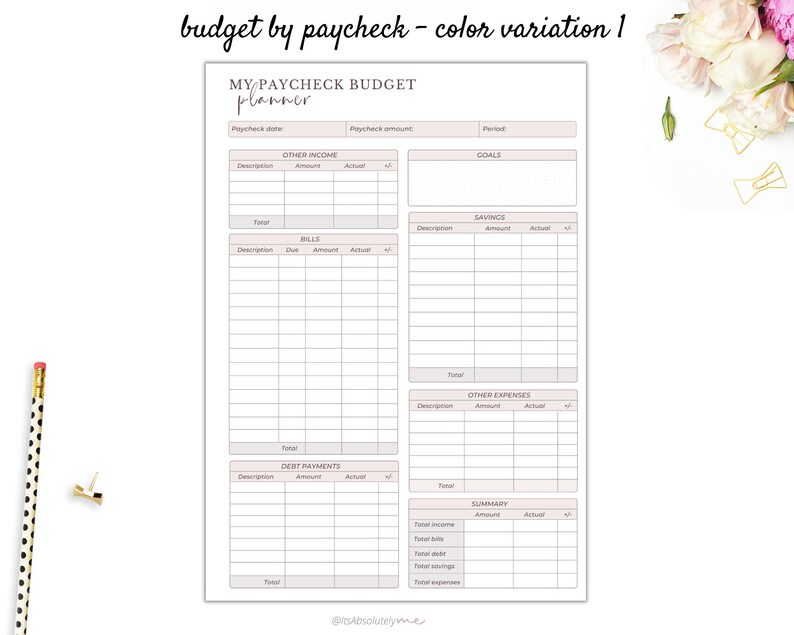 May include: A printable budget planner with a pink and white colour scheme. The planner is divided into sections for income, bills, debt payments, savings, other expenses, and a summary. The planner is titled "My Paycheck Budget Planner".
