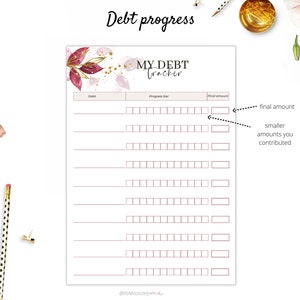 May include: A printable debt tracker with a watercolor floral design in shades of pink and gold. The tracker has a section for the debt amount, a progress bar, and a final amount. The text "MY DEBT TRACKER" is at the top of the page.