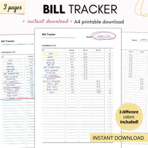 Bill tracker, Bill tracker printable, Monthly expense tracker, Monthly bill tracker, Printable PDF, A4 size, Instant download