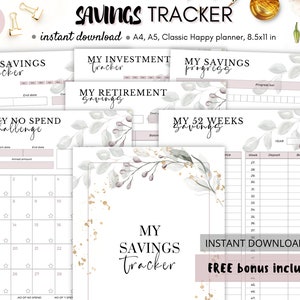 Savings tracker, Savings challenge, Savings goal with Savings template and savings progress, 52 week savings tracker, Investment tracker