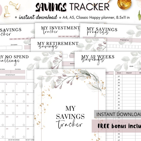 Savings tracker, Savings challenge, Savings goal with Savings template and savings progress, 52 week savings tracker, Investment tracker