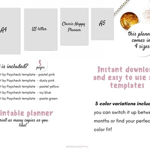 May include: Printable budget planner template in five colour variations. The planner is available in four sizes: A4, US Letter, Classic Happy Planner, and A5. The text "Instant download and easy to use and templates" is also included in the image.