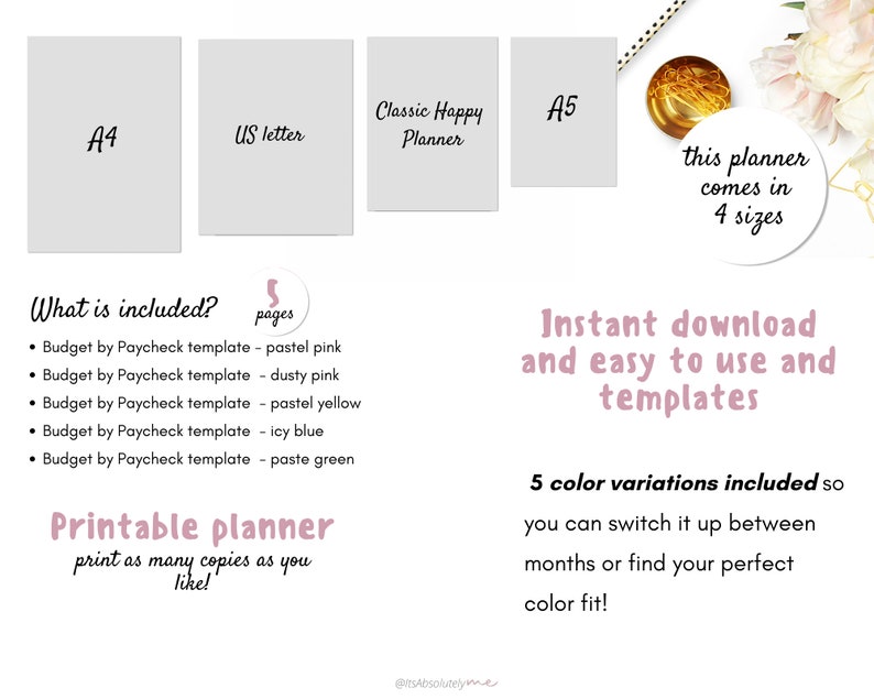 May include: Printable budget planner template in five colour variations. The planner is available in four sizes: A4, US Letter, Classic Happy Planner, and A5. The text "Instant download and easy to use and templates" is also included in the image.