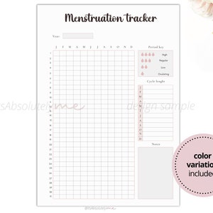 May include: A printable menstruation tracker with a grid for tracking your cycle, a section for notes, and a key for different flow levels. The tracker is designed to be used for a year and includes a section for tracking cycle length.