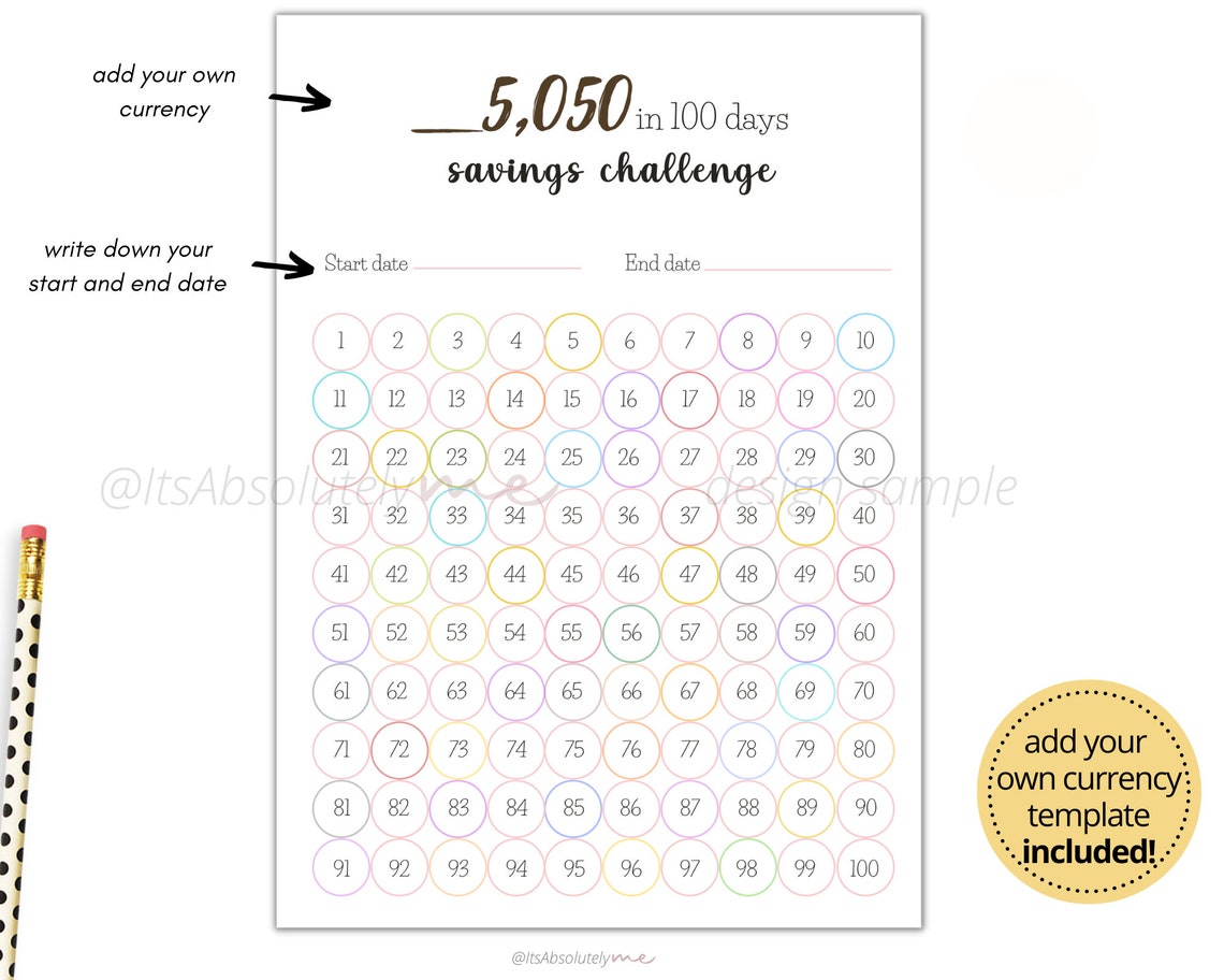 5050 Savings Challenge 5000 in 100 Days 5k in 100 Days - Etsy