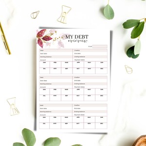 May include: A printable debt overview worksheet with a floral design. The worksheet includes sections for debt details, starting balance, ending balance, and payment dates. The worksheet is divided into monthly sections from January to December.