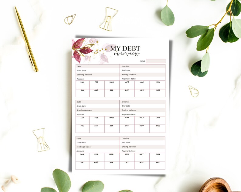 May include: A printable debt overview worksheet with a floral design. The worksheet includes sections for debt details, starting balance, ending balance, and payment dates. The worksheet is divided into monthly sections from January to December.